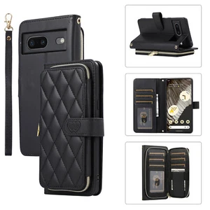 Luxury Grid Leather Handy Zipper Wallet Stand Case Cover For Google Pixel Phone - Picture 1 of 49