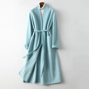 Womens Double-sided Cashmere Wool Coat Korean Mid Long V-neck Belted Overcoats - Picture 1 of 14