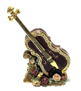 KD Enameled Violin Jeweled Trinket Box with Austrian Crystals & Stand 3.5"x2.5" - Picture 1 of 7