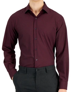 Alfani Mens Slim-Fit 4-Way Stretch Geo-Print Dress Shirt Black Red 16-16.5/32-33 - Picture 1 of 6