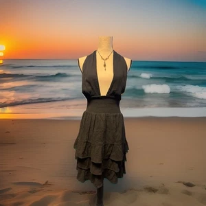 Elan schwarz Neckholder Kleid L-tief V hinten offen Rüschenrock Boho Beach Resort 100%  - Bild 1 von 3