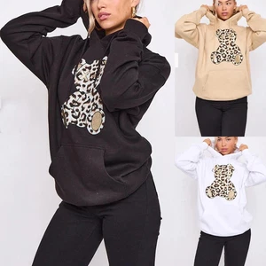 Women's Oversized Leopard Print Teddy Hoodie Sweatshirt Baggy Jumper - Picture 1 of 7