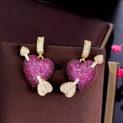 2Ct Round Cut Lab-Created Red Ruby Drop Dangle Earrings 14K Yellow Gold Plated - Image 1 of 4