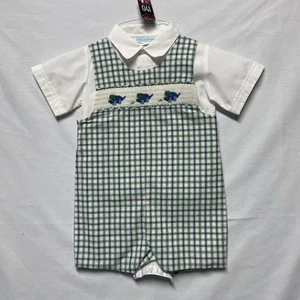 House of Hatten Green/Blue Check Smocked Dinosaur Button Shirt 2PC - Picture 1 of 7