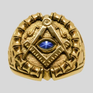 Nuovo Anello Massonico Oro 14K Zaffiro Tutto Vedente Occhio Massone Memento Mori Misura - Foto 1 di 11