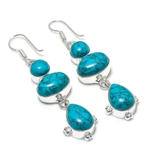 Blue Turquoise Gemstone Handmade 925 Sterling Silver Jewelry Earring Size 2.5" - Picture 1 of 1