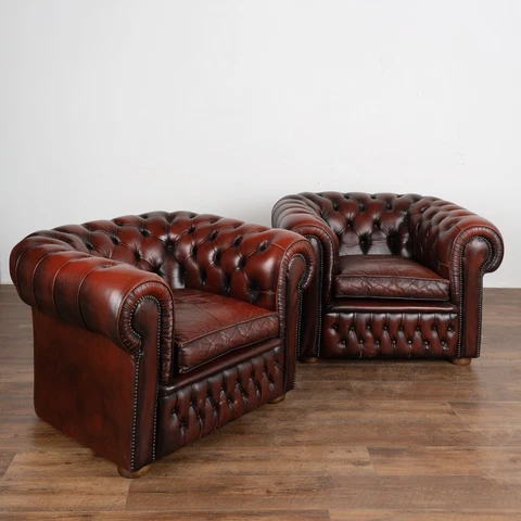 Pair, Vintage Red Leather Chesterfield Club Chairs, Denmark circa 1980 Cover