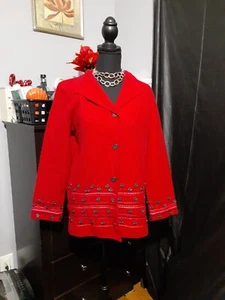 Sigrid Olsen Women's 100% Wool Blazer Red Embroidered Button Design Size Small - Picture 1 of 8