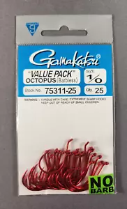 Confezione 25 Ganci Gamakatsu Value Barbless Taglia 1/0 Polpo Rosso NUOVI - Foto 1 di 2