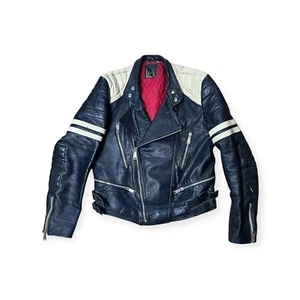 Vintage schwarze Leder Biker Jacke Made In Germany Gr. XL weiß Schnallendetail - Bild 1 von 12