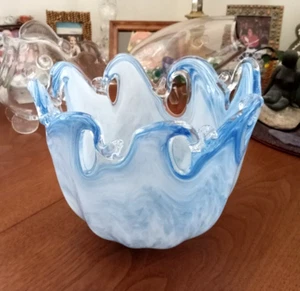 Vintage Murano BLAUE WELLEN weiße Wirbel SCHÜSSEL handgeblasen KUNSTGLAS Mittelstück ITALIEN - Bild 1 von 18