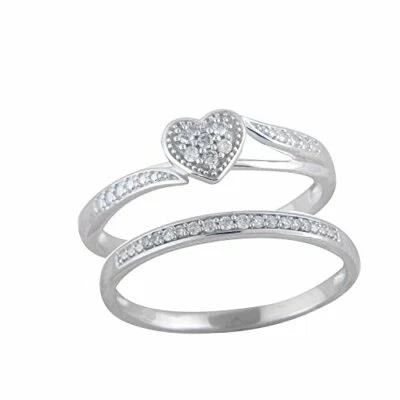 0.12Ct Real Diamond Wedding Heart Bridal Ring Set 14k White Gold Over - Image 1 of 4