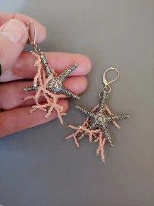 Orecchini perline artigianali vintage fatti a mano barriera corallina stelle marine tono argento leve - Foto 1 di 4