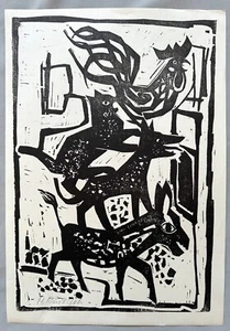 Heinrich Rudolph, Linolschnitt, Motiv: Bremer Stadtmusikanten, signiert - Bild 1 von 1
