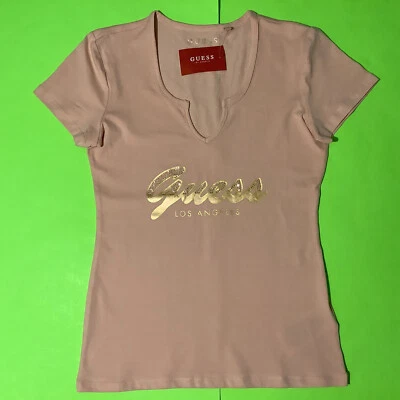 New GUESS Los Angeles Women’s Short Sleeve T-Shirt Size SMALL Pink Gloss w/Gold - Image 1 of 4