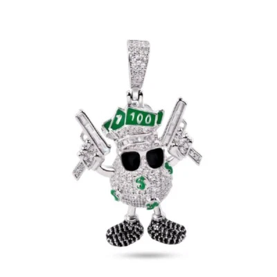 Sterling Silver Dollar Bag Gun Revolver Green Enamel Hip Hop Pendant w/CZ Stones - Image 1 of 2