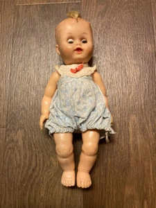 Vintage 1950's Rubber Baby Doll Molded Hair Sleep Eyes Blue & White Outfit - Picture 1 of 5