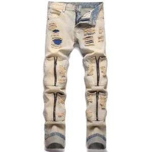 Mens Retro Blue Ripped Zipper Straight Leg Punk Hip Hop Denim Jeans Trousers New - Picture 1 of 12