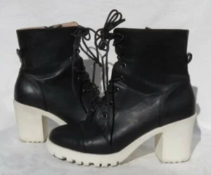 SHOEDAZZLE Black Faux Leather Chunky Heel Lug Sole FRANA Ankle Boots Women’s 8.5 - Picture 1 of 7