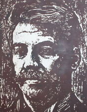 Impressionist male portrait woodcut print signed