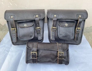 Real Black Goat Leather COMBO Motorcycle Saddle Bag Panniers Tool Pouch Side Bag - Picture 1 of 14