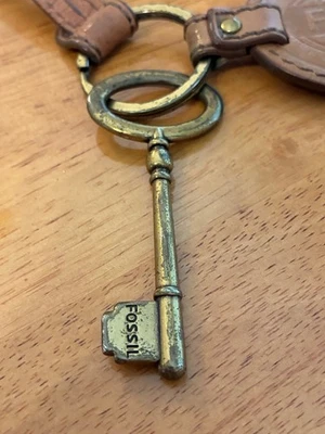 Vintage Fossil  Brass Key / Brown Leather Key Fob, Bag Tag, Charm.  ID 149 - Image 1 of 4