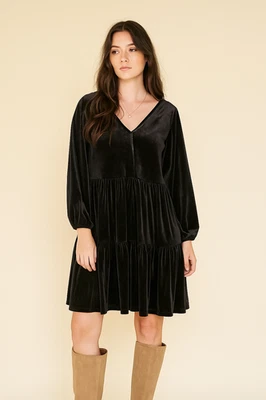 Gap Womens Velvet Dress Medium Dark Grey Tiered Whimsical Dark Romantic Boho - Image 1 of 4