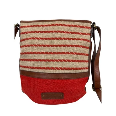 Lucky Brand Crossbody Bag Red Beige Tan Linen Blend Canvas Purse Long Strap EUC - Image 1 of 4