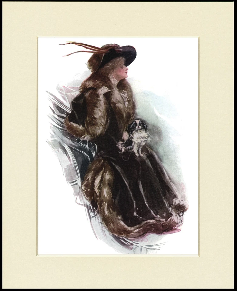 JAPANESE CHIN LITTLE DOG AND LADY IN A FUR COAT PRINT MOUNTED READY TO FRAME - Image 1 of 1