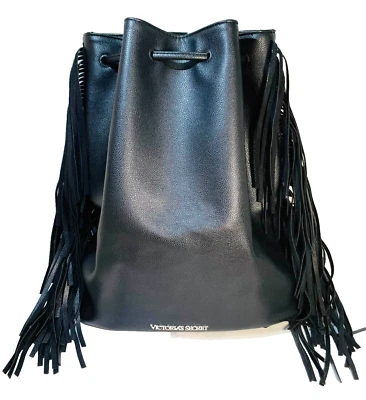 Victoria's Secret Backpack Black Purse Bag Fringe Faux Leather Western 14x15" - Image 1 of 4