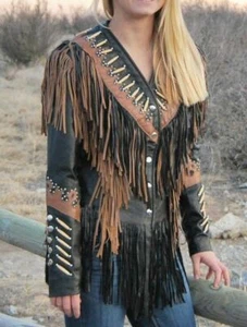 Western Women's Lambskin Leather Fringe Jacket bones stud Cognac trim LJ288 - Picture 1 of 5