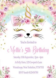 Personalised cat Unicorn Invites Birthday Party Invitations + Envelopes x12 