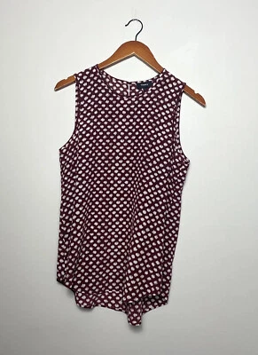 Theory Sleeveless 100% Silk Dot Print Top Blouse Burgundy White Keyhole Sz S - Imagem 1 de 4