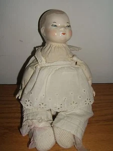 Vintage 11" Clothed Baby Doll Cloth Stuffed Body; Porcelain Head' Hands & Feet - Picture 1 of 6