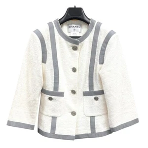 CHANEL Star Coco Button Hem Chain Collarless Tweed Jacket Size 34 White Cotton - Picture 1 of 7