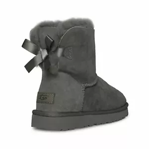 UGG MINI BAILEY BOW II GREY SUEDE SHEEPSKIN WOMEN'S ANKLE BOOTS SIZE US 11 NEW - Picture 1 of 5