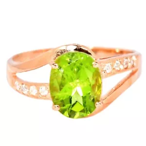 NATURAL AAA GREEN PERIDOT OVAL & WHITE CZ STERLING 925 SILVER RING SIZE 6.25 - Picture 1 of 6