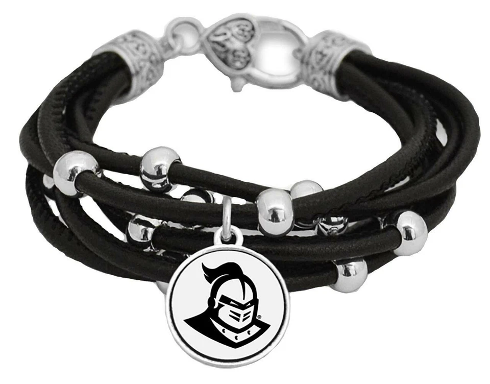 UCF Central Florida Knights Multi Line Black Leather Bracelet Jewelry Gift - Image 1 of 1