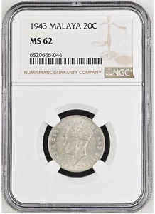 MALAYA 20 Cents 1943, NGC MS 62 Lustrous UNC, Silver KGVI, First Date.  S2 - Picture 1 of 2