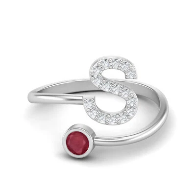 Anello S Iniziale Lettera Rubino Vetro Riempito Regolabile Frontale Aperto Argento 925 - Immagine 1 di 4