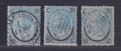 Italy Scott 34,34a,34b Used 1865 20c on 15c Victor Emmanuel II Types I, II, III - Image 1 of 2