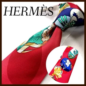 HERMES Tie Silk Scarf Pattern Floral Botanical Red Made in France - Picture 1 of 8