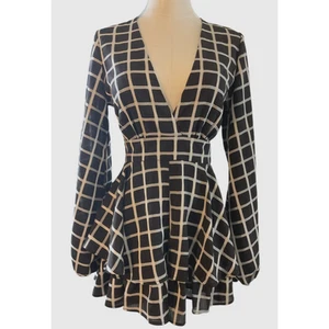Fashion Nova Checkered One Piece Jumper Long Sleeve V Neck Ruffle Shorts Size S - Picture 1 of 15