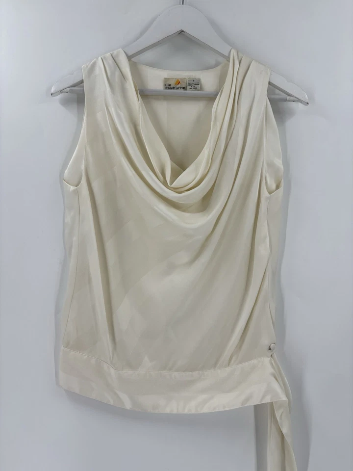 Blusa sin mangas Liz Claiborne vintage para mujer 6 marfil blanco capucha cuello satinado nudo con corbata Foto 1 de 4