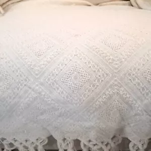 Vintage bedspread fringe cream off white diamond 92x112" queen king coverlet - Picture 1 of 7