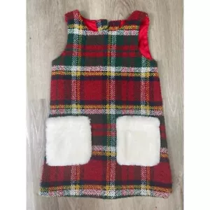 Hatley kariertes Kleinkind Mädchen Kleid Größe 2 rot grün Schottenkaro Fell Taschen Weihnachten - Bild 1 von 11