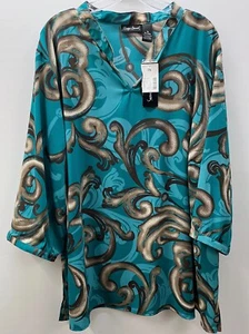 Maggie Barnes Women's Plus Size 3X (26/28W) Blouse V-Neck 3/4 Sleeve Blue/Beige - Picture 1 of 8