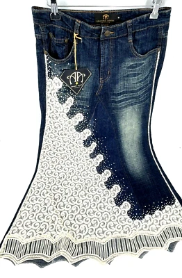 Amanda Adams Skirt Small Denim Long Western Couture Beaded White Lace Wedding - Image 1 of 4