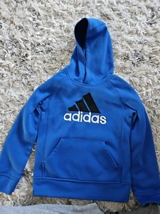 Adidas Boys Small Blue Hooded Sweatshirt Logo Small Stains On Pocket - Picture 1 of 10