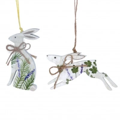 Gisela Graham 2 Piece Wooden Hare Easter Hanging Tree Decorations - Floral
